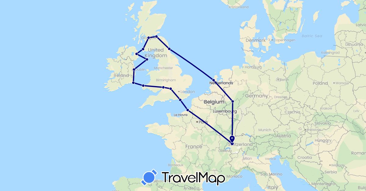 TravelMap itinerary: driving in Switzerland, Germany, France, United Kingdom, Ireland, Isle of Man, Netherlands (Europe)